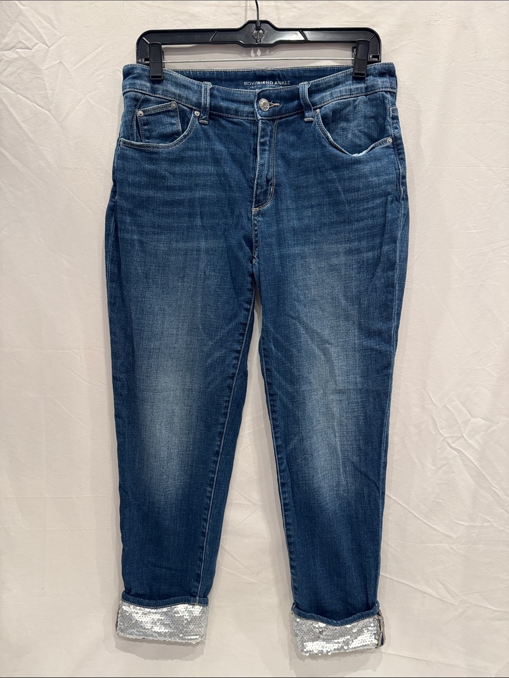 Chico's Dark Blue Boyfriend Sequin Ankle Jeans Size 6